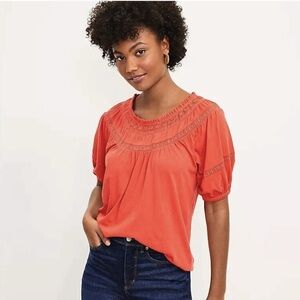 NEW Loft M Women's Orange Red Lace Trim Knit Blouse Top